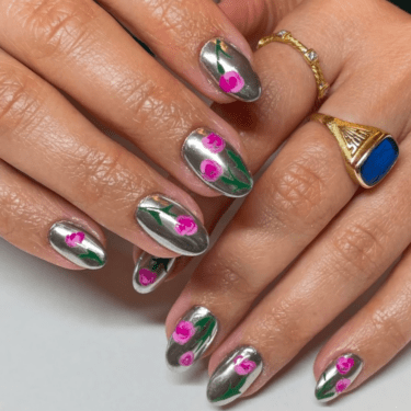 chrome and roses manicure