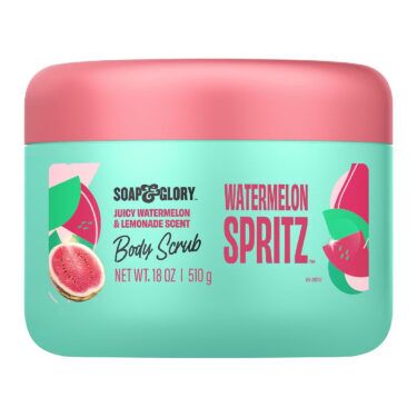 Soap & Glory Watermelon Spritz Body Scrub in a turquoise jar with a pink lid and watermelon graphics, a sugar-based body exfoliator featured in a roundup of the best body exfoliators.