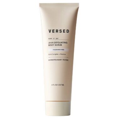 Versed AHA Exfoliating Body Scrub in a beige squeeze tube, a gentle chemical and physical body exfoliator featured in a roundup of the best body exfoliators.