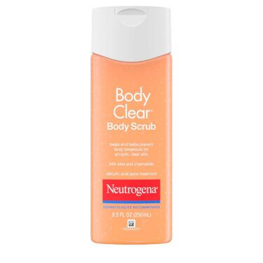 Neutrogena Body Clear Body Scrub in an orange bottle, a salicylic acid body exfoliator designed to help clear breakouts and smooth rough skin, featured in a roundup of the best body exfoliators.