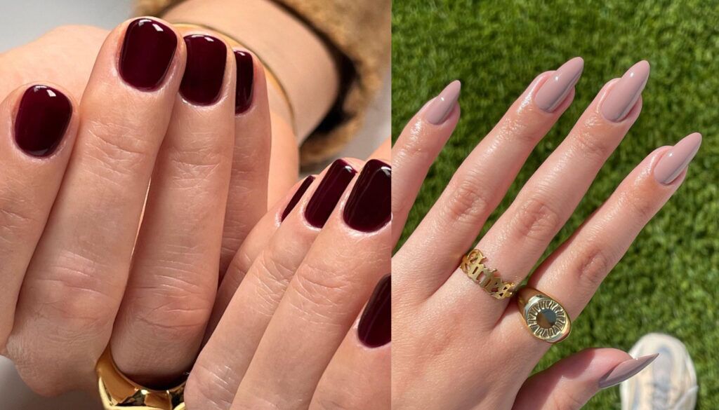 Fall 2025 nail color palette featuring rich browns and burgundy