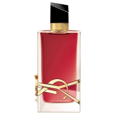 Yves Saint Laurent Libre Berry Crush perfume bottle with raspberry-red fragrance and gold YSL logo, featured in a berry perfume roundup.