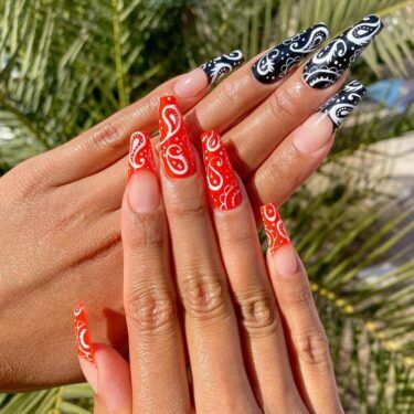 Long nails with red and blue bandana prints