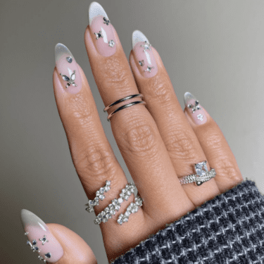 Glass French manicure with rhinestones