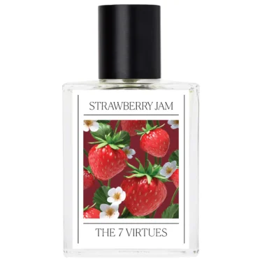 The 7 Virtues Strawberry Jam perfume bottle with illustrated strawberries on the label, featured in a roundup of the best berry perfumes.