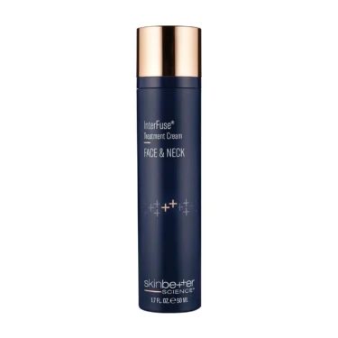 Skinbetter Science InterFuse Treatment Cream Face & Neck in a navy blue bottle with a gold cap, a peptide-rich moisturizer designed to help improve the look of firmness and skin elasticity.